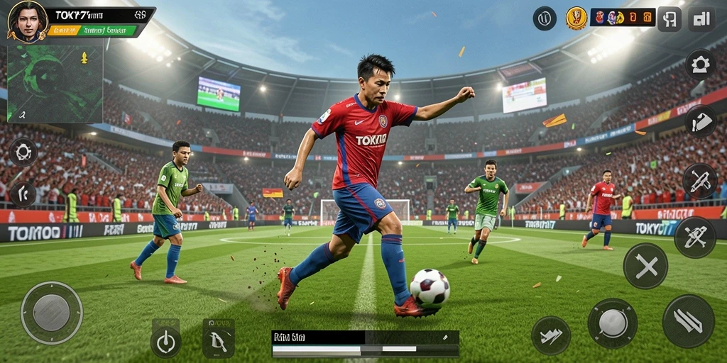 Tampilan gameplay menarik dari TOKYO77 dengan aksi sepak bola seru.